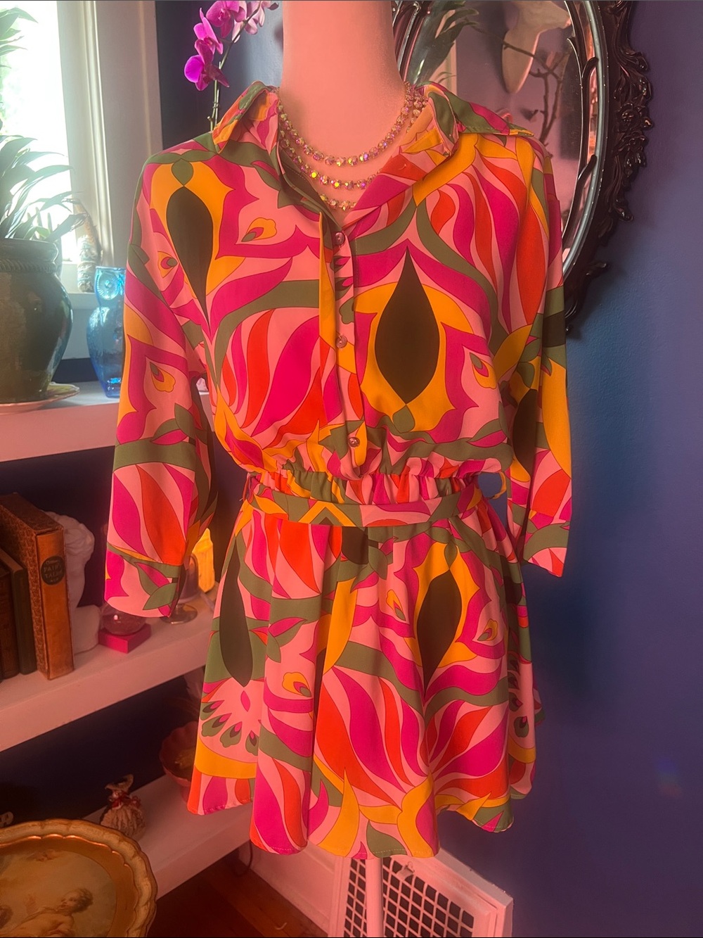 She + Sky Tropical Floral Mini Romper in Pink, Green & Yellow